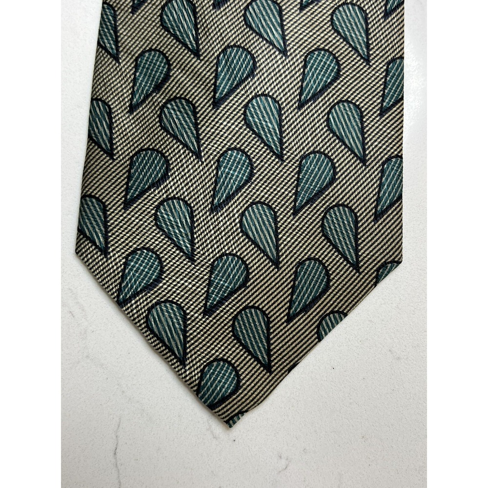 Giorgio Armani Green Tan and Raindrops Geometric Pattern Silk Tie